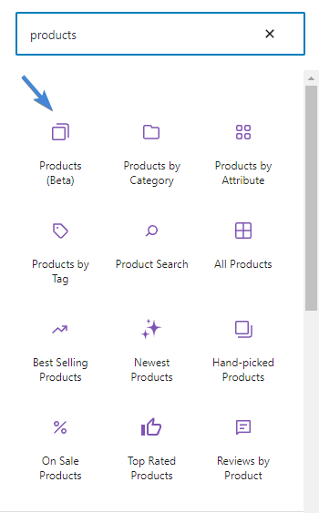 A screenshot of the block inserter, showing the Products (Beta) block icon.